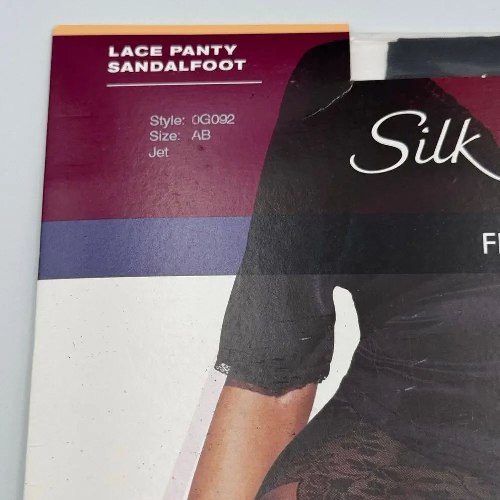 Vtg Hanes Silk Reflections Pantyhose French Cut Lace Panty Sandalfoot Jet AB 003